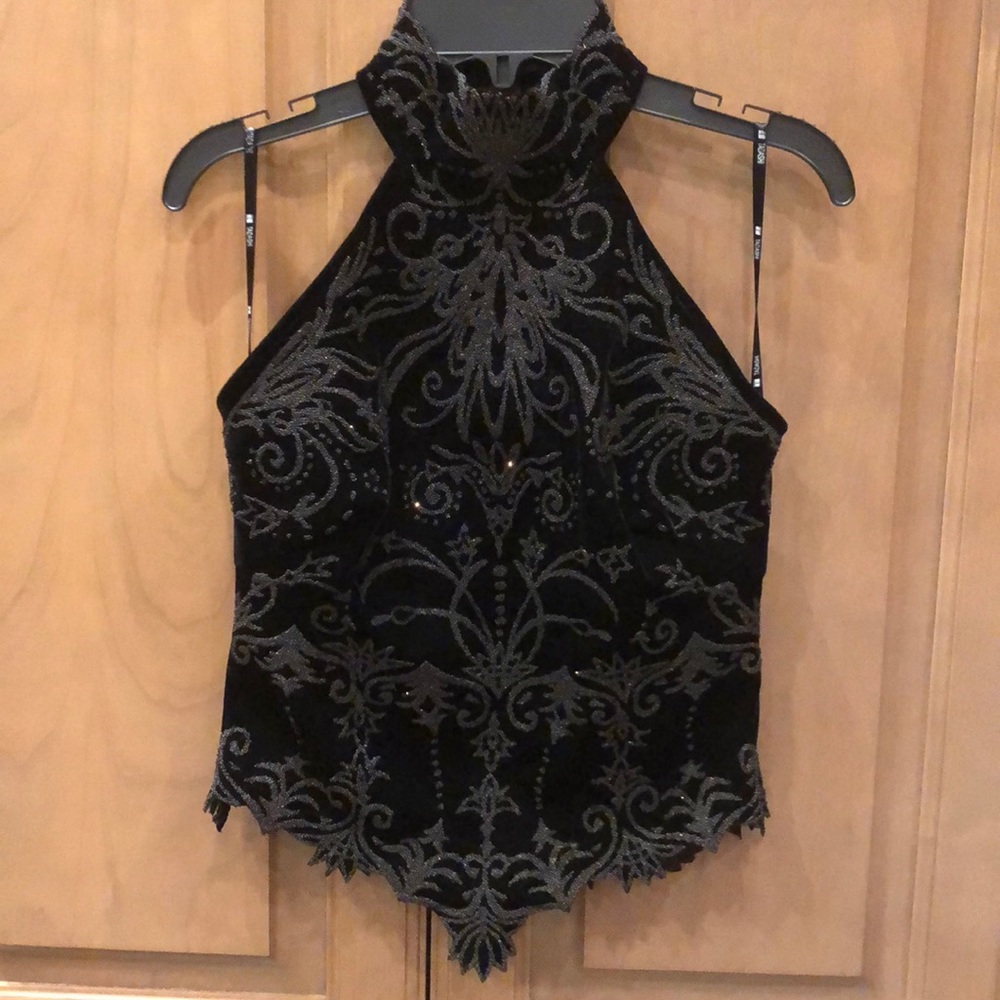 New vintage Tadashi embellished halter neck fitted velvet velour structured top